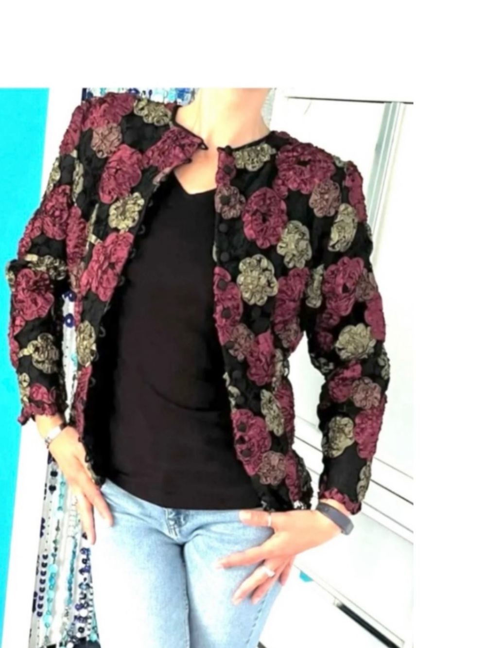 Vintage Rosette-Embroidered Lace Jacket – Pink, Burgundy & Gold Olive on Black